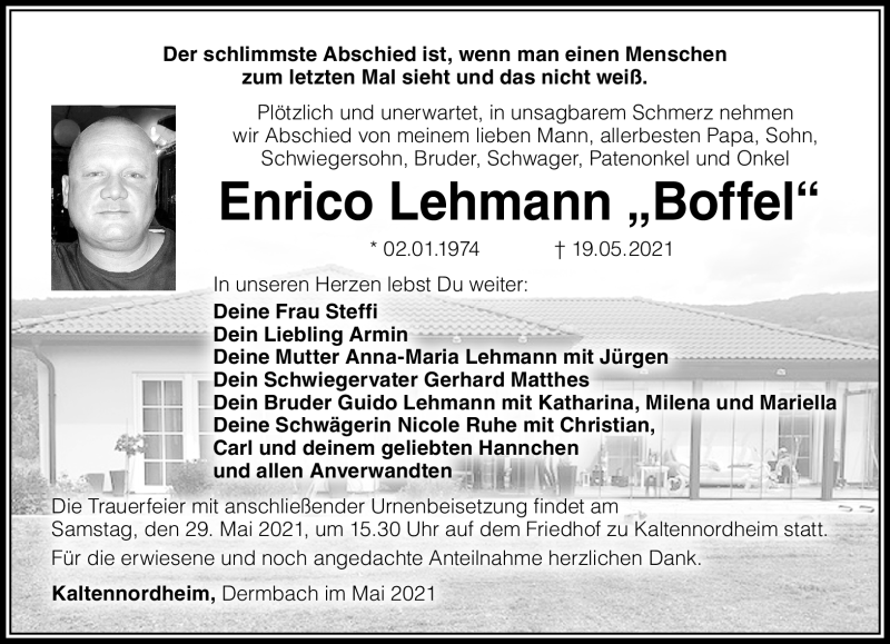  Traueranzeige für Enrico Lehmann vom 27.05.2021 aus Südthüringer Presse