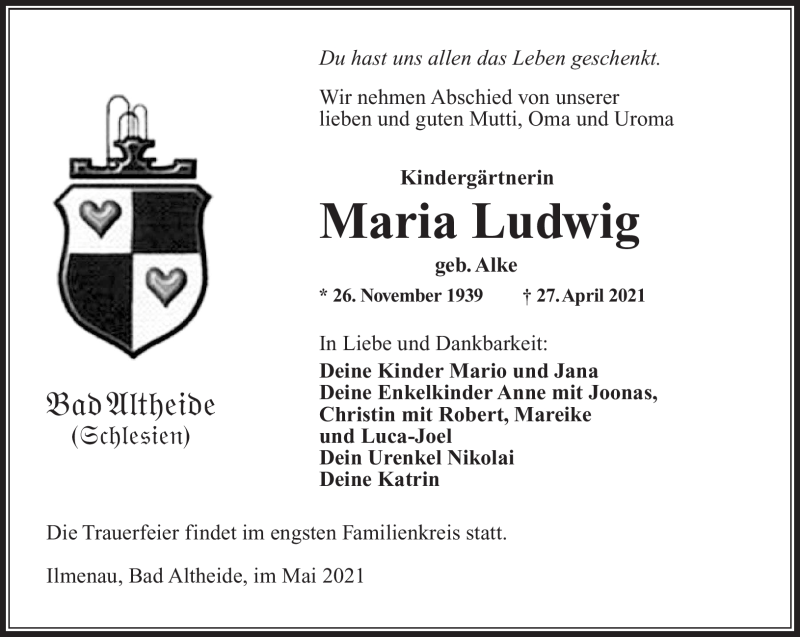  Traueranzeige für Maria Ludwig vom 15.05.2021 aus Südthüringer Presse