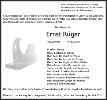 Traueranzeige von Ernst Rüger von Südthüringer Presse