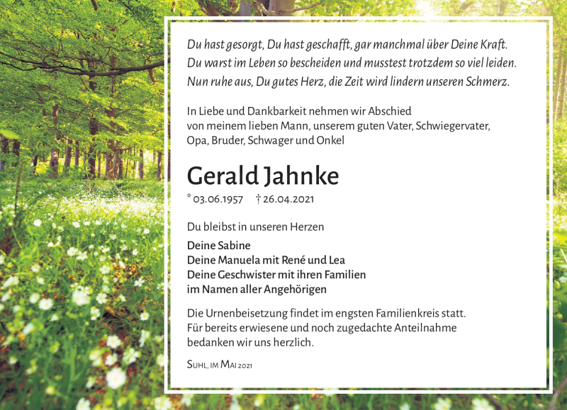  Traueranzeige für Gerald Jahnke vom 15.05.2021 aus Südthüringer Presse