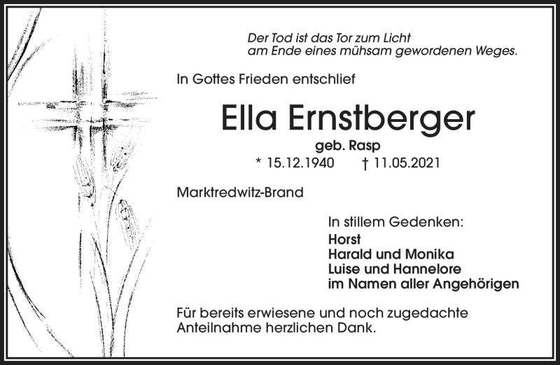  Traueranzeige für Ella Ernstberger vom 15.05.2021 aus Frankenpost