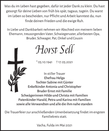 Traueranzeige von Horst Sell von Südthüringer Presse