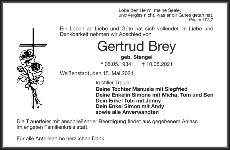  Traueranzeige für Gertrud Brey vom 15.05.2021 aus Frankenpost