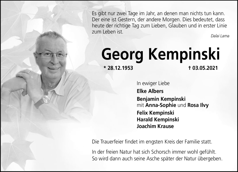  Traueranzeige für Georg Kempinski vom 08.05.2021 aus Neue Presse Coburg