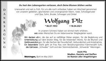 Traueranzeige von Wolfgang Pilz von Südthüringer Presse