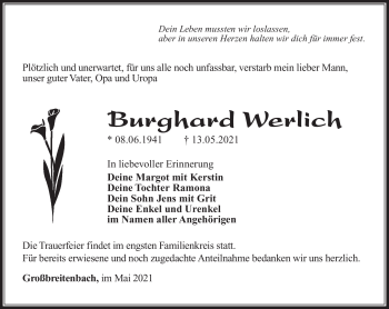 Traueranzeige von Burghard Werlich von Südthüringer Presse