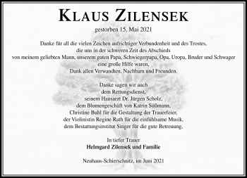 Traueranzeige von Klaus Zilensek von Südthüringer Presse