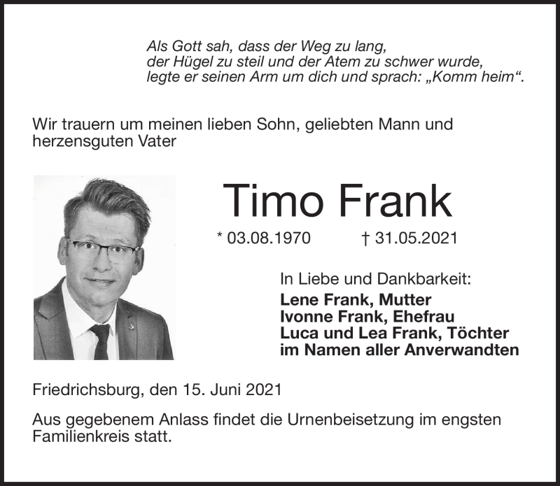  Traueranzeige für Timo Frank vom 15.06.2021 aus Neue Presse Coburg