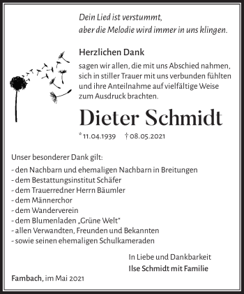 Traueranzeige von Dieter Schmidt von Südthüringer Presse