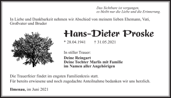 Traueranzeige von Hans-Dieter Proske von Südthüringer Presse