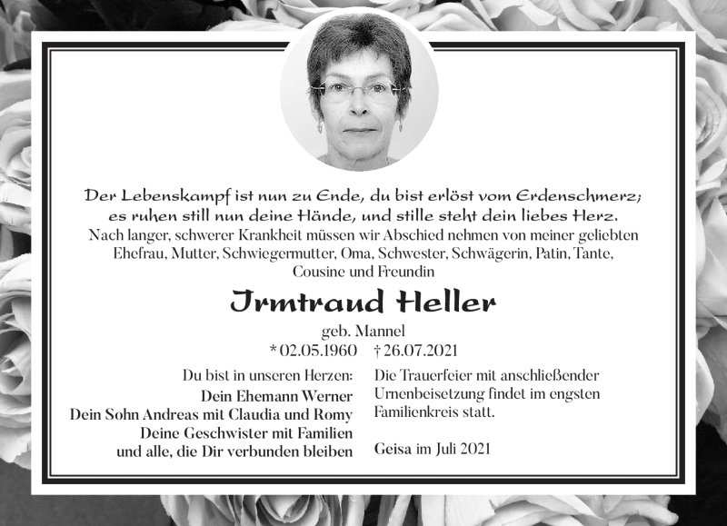  Traueranzeige für Irmtraud Heller vom 30.07.2021 aus Südthüringer Presse