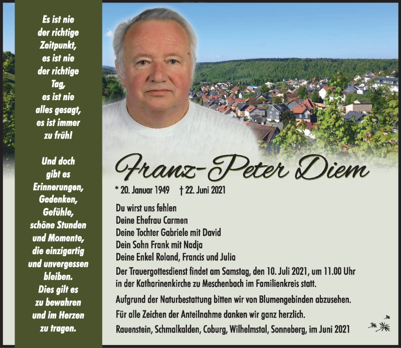 Traueranzeige für Franz-Peter Diem vom 03.07.2021 aus Südthüringer Presse