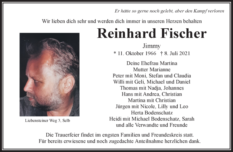  Traueranzeige für Reinhard Fischer vom 17.07.2021 aus Frankenpost