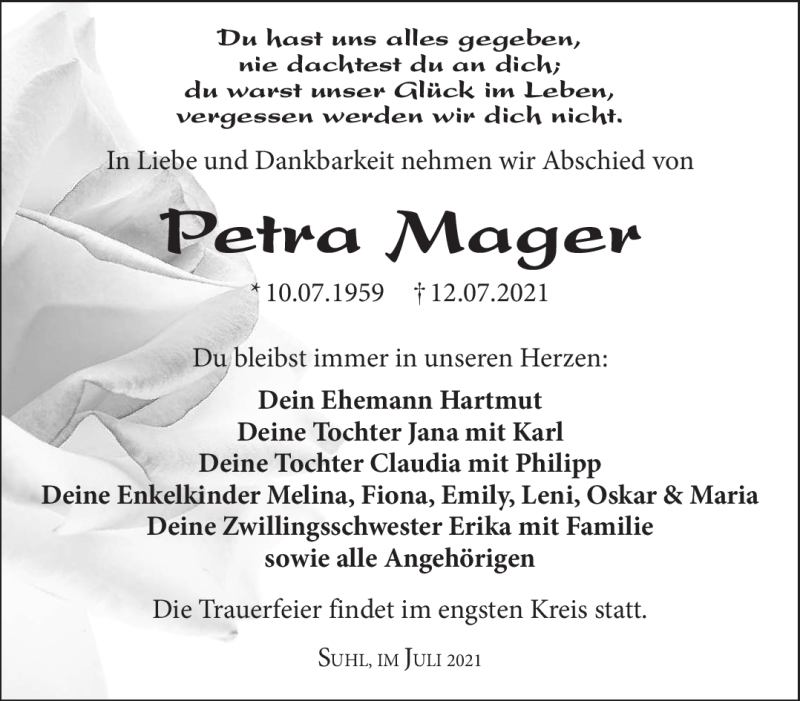  Traueranzeige für Petra Mager vom 17.07.2021 aus Südthüringer Presse