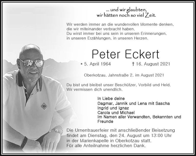  Traueranzeige für Peter Eckert vom 21.08.2021 aus Frankenpost