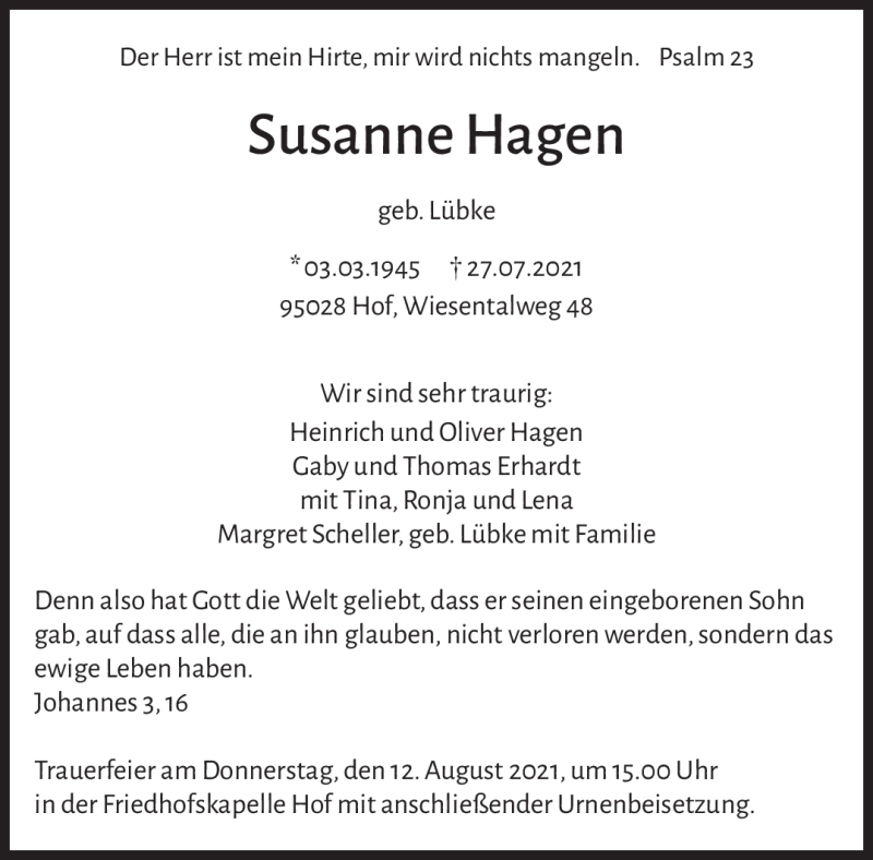  Traueranzeige für Susanne Hagen vom 07.08.2021 aus Frankenpost