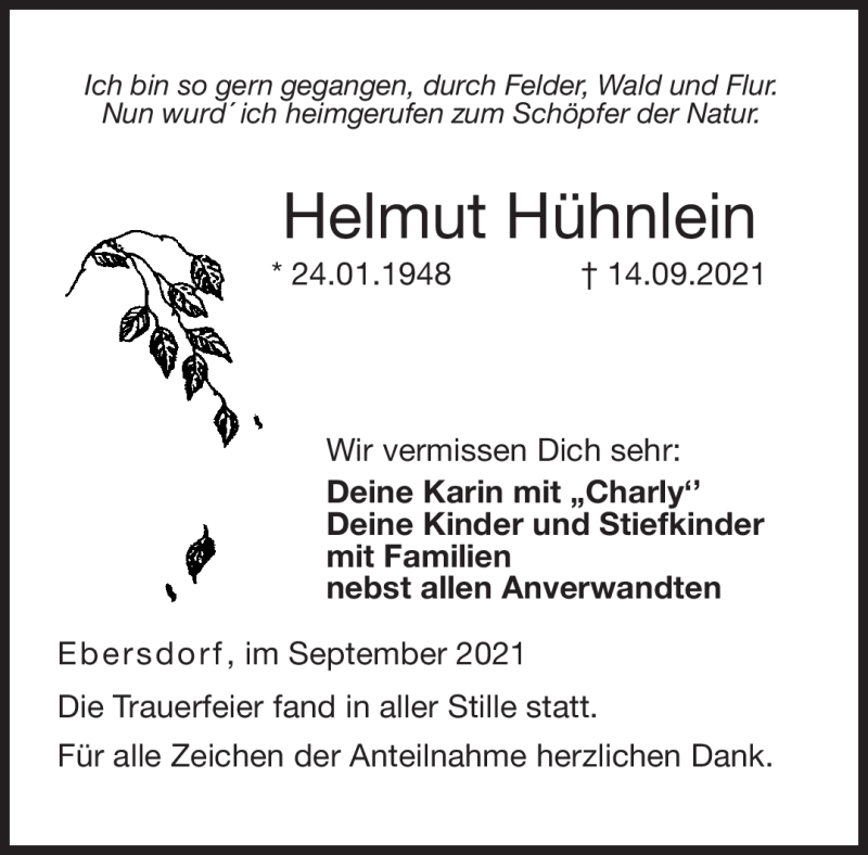  Traueranzeige für Helmut Hühnlein vom 25.09.2021 aus Neue Presse Coburg