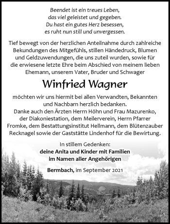 Traueranzeige von Winfried Wagner von Südthüringer Presse