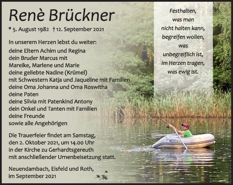  Traueranzeige für René Brückner vom 25.09.2021 aus Südthüringer Presse