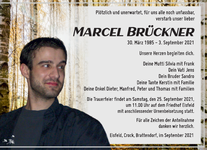  Traueranzeige für Marcel Brückner vom 18.09.2021 aus Südthüringer Presse