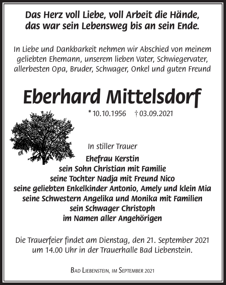  Traueranzeige für Eberhard Mittelsdorf vom 18.09.2021 aus Südthüringer Presse