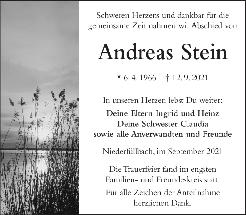  Traueranzeige für Andreas Stein vom 25.09.2021 aus Neue Presse Coburg