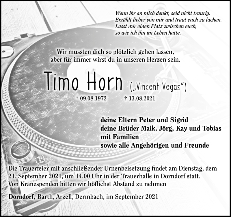  Traueranzeige für Timo Horn vom 11.09.2021 aus Südthüringer Presse