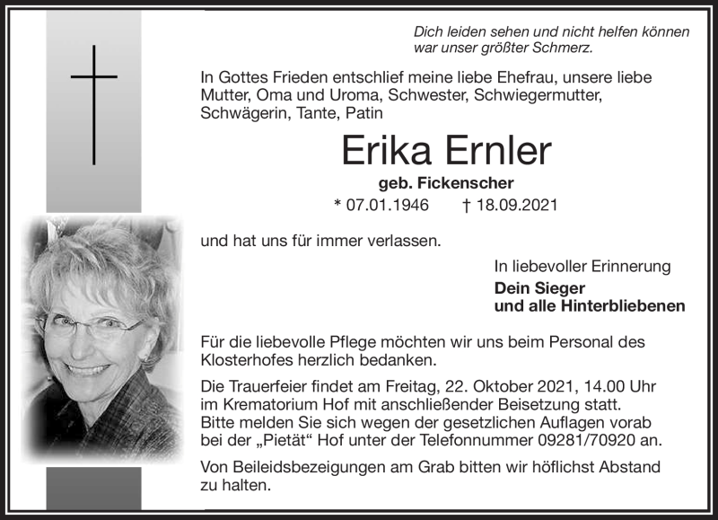  Traueranzeige für Erika Ernler vom 25.09.2021 aus Frankenpost