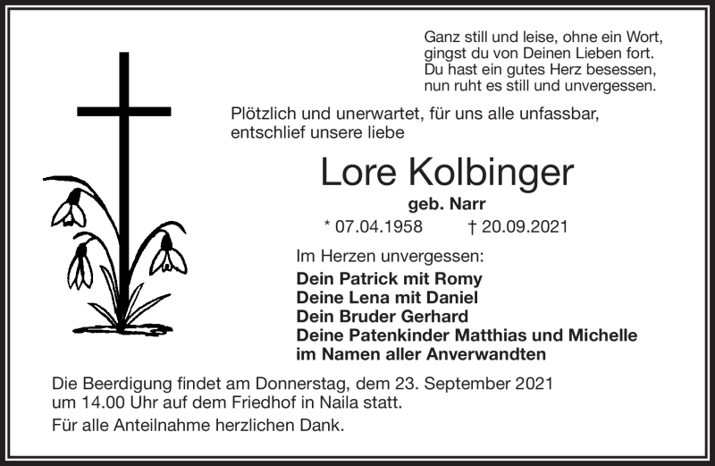  Traueranzeige für Lore Kolbinger vom 22.09.2021 aus Frankenpost