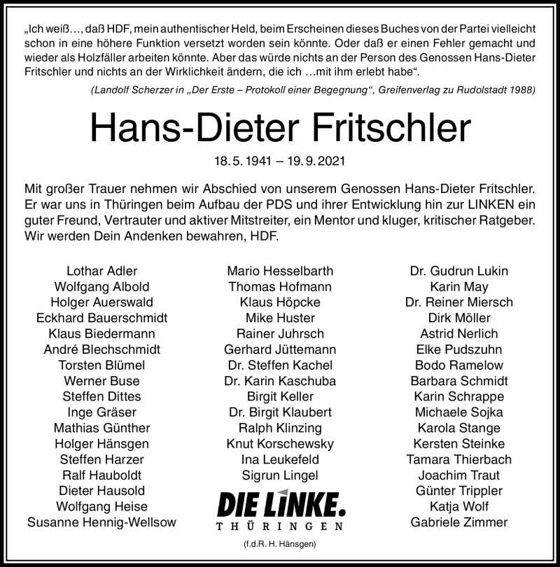  Traueranzeige für Hans-Dieter Fritschler vom 25.09.2021 aus Südthüringer Presse