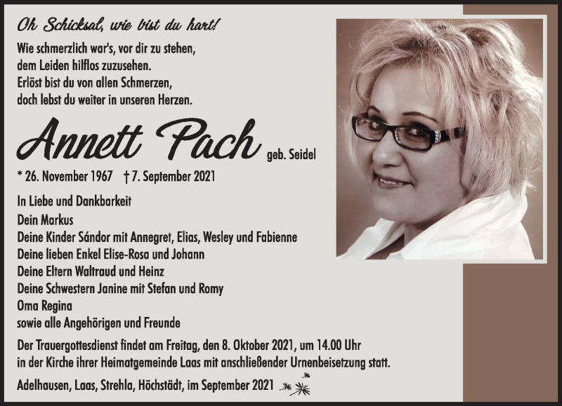  Traueranzeige für Annett Pach vom 18.09.2021 aus Südthüringer Presse