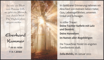 Traueranzeige von Eberhard Kummer von Südthüringer Presse