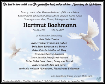 Traueranzeige von Hartmut Bachmann von Südthüringer Presse