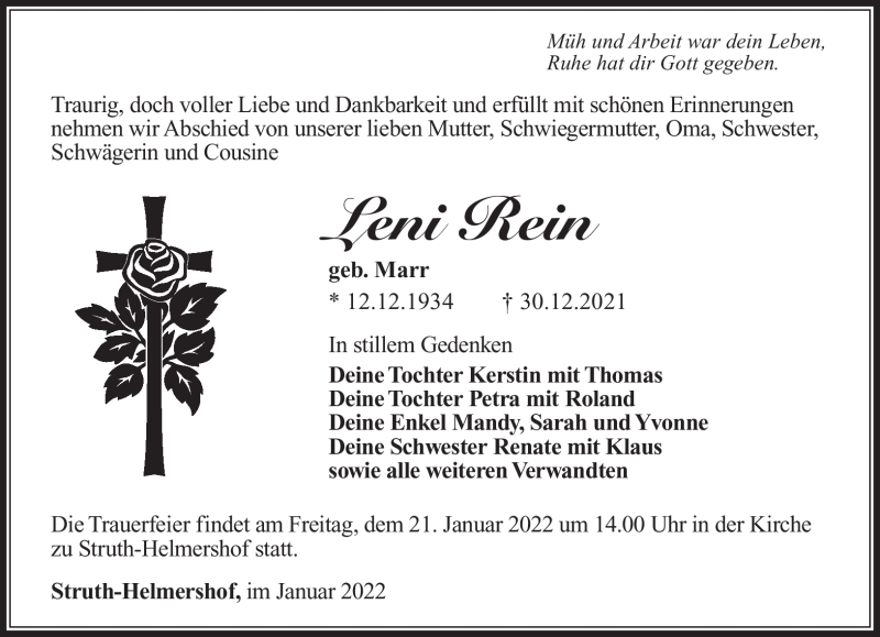 Traueranzeige für Leni Rein vom 15.01.2022 aus Südthüringer Presse