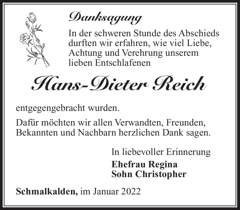  Traueranzeige für Hans-Dieter Reich vom 22.01.2022 aus Südthüringer Presse