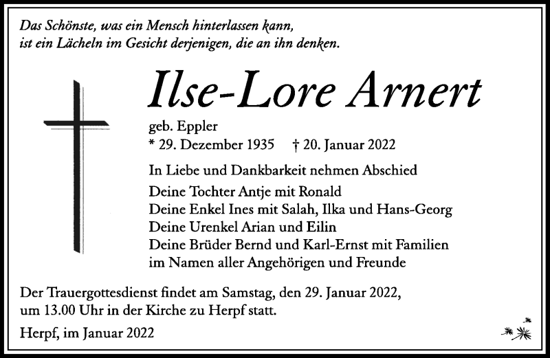  Traueranzeige für Ilse-Lore Arnert vom 25.01.2022 aus Südthüringer Presse