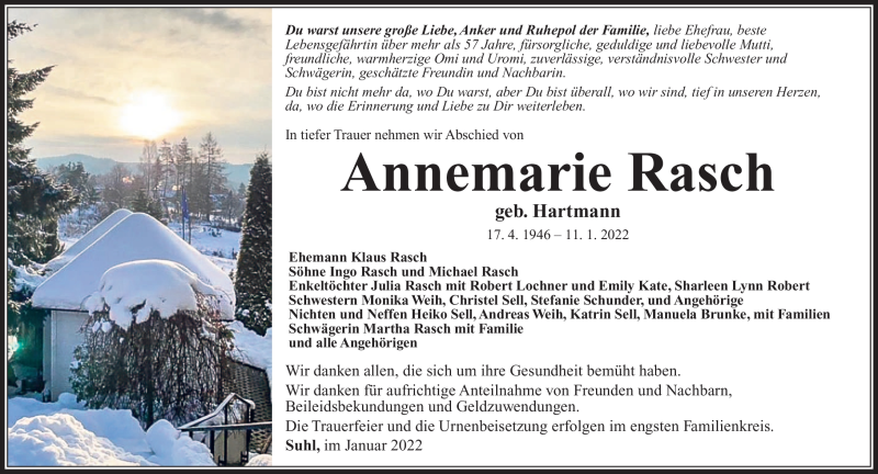  Traueranzeige für Annemarie Rasch vom 22.01.2022 aus Südthüringer Presse