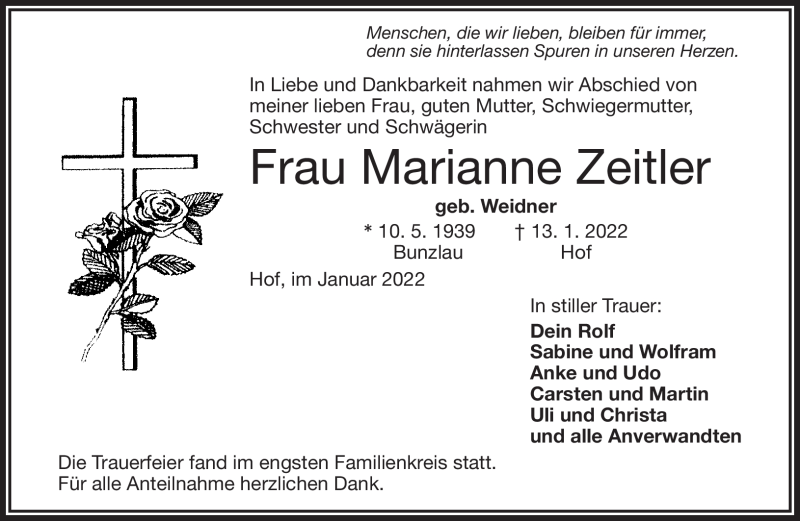  Traueranzeige für Marianne Zeitler vom 22.01.2022 aus Frankenpost
