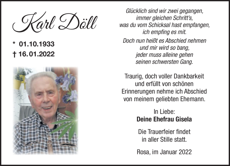  Traueranzeige für Karl Döll vom 22.01.2022 aus Südthüringer Presse