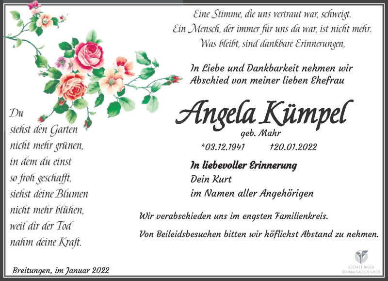  Traueranzeige für Angela Kümpel vom 29.01.2022 aus Südthüringer Presse