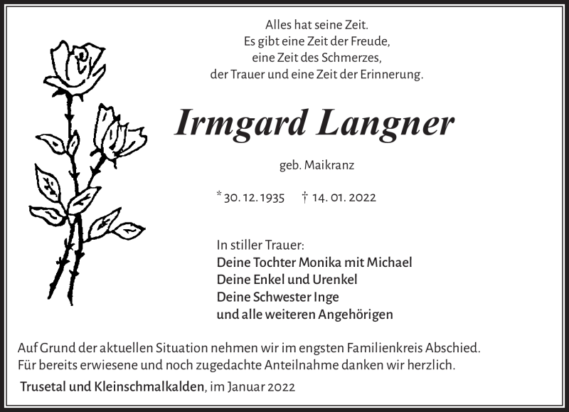  Traueranzeige für Irmgard Langer vom 22.01.2022 aus Südthüringer Presse