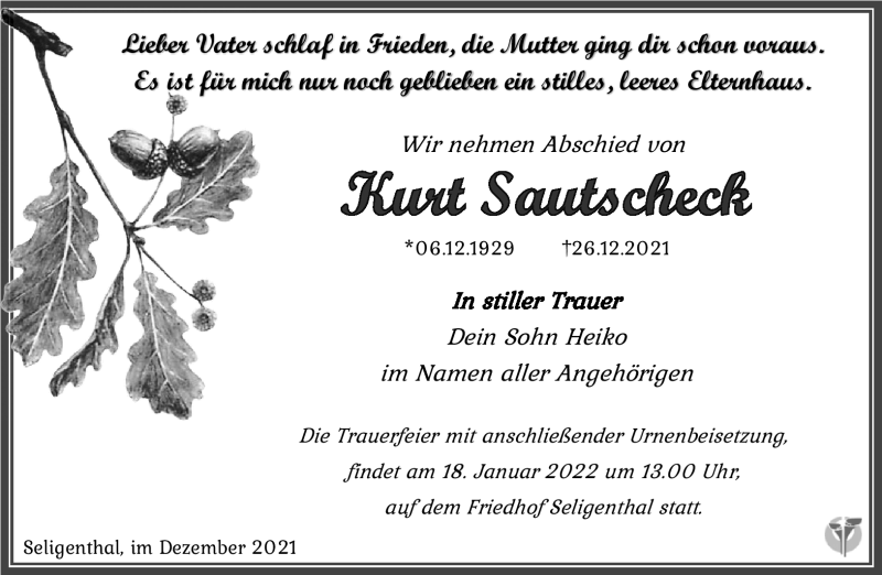  Traueranzeige für Kurt Sautscheck vom 15.01.2022 aus Südthüringer Presse
