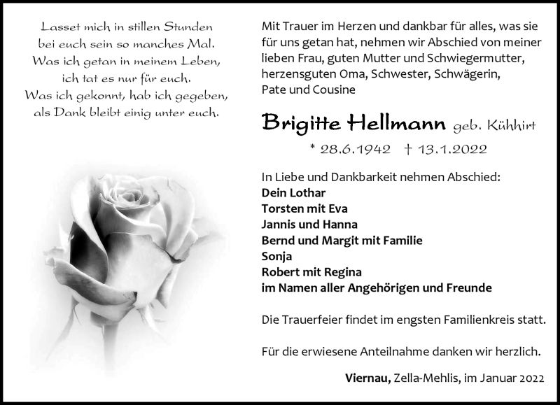  Traueranzeige für Brigitte Hellmann vom 22.01.2022 aus Südthüringer Presse
