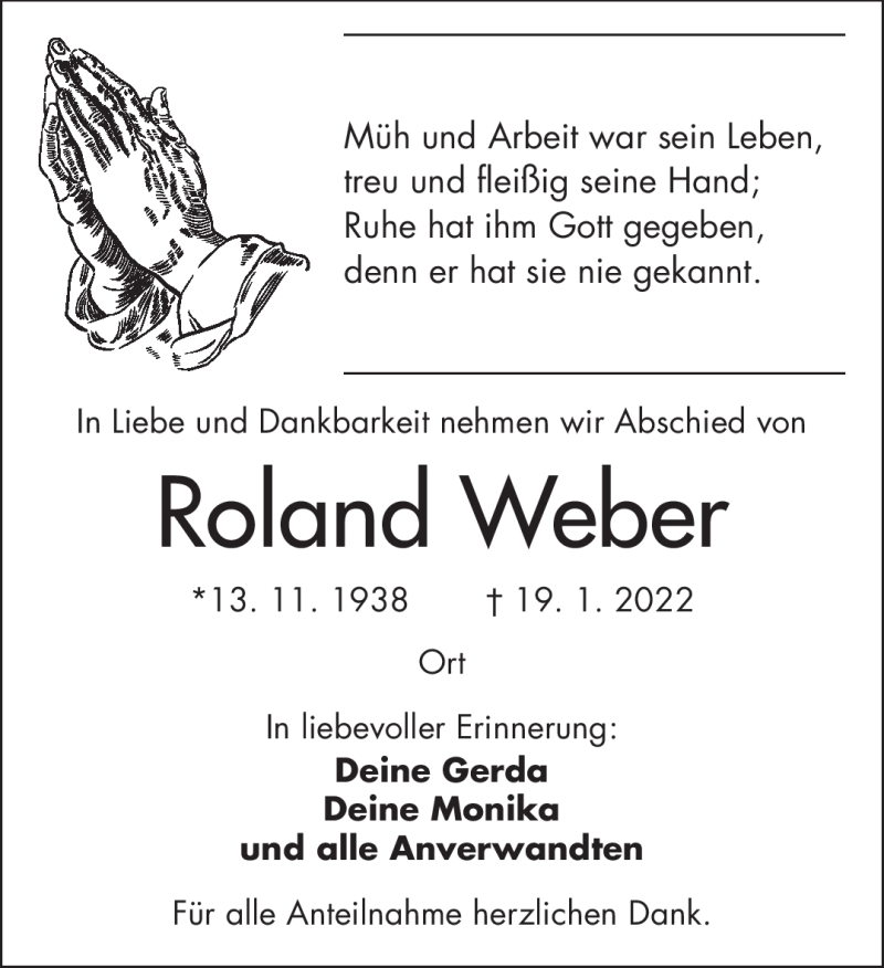  Traueranzeige für Roland Weber vom 22.01.2022 aus Frankenpost