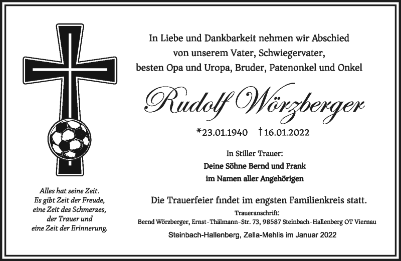 Traueranzeige für Rudolf Wörzberger vom 29.01.2022 aus Südthüringer Presse