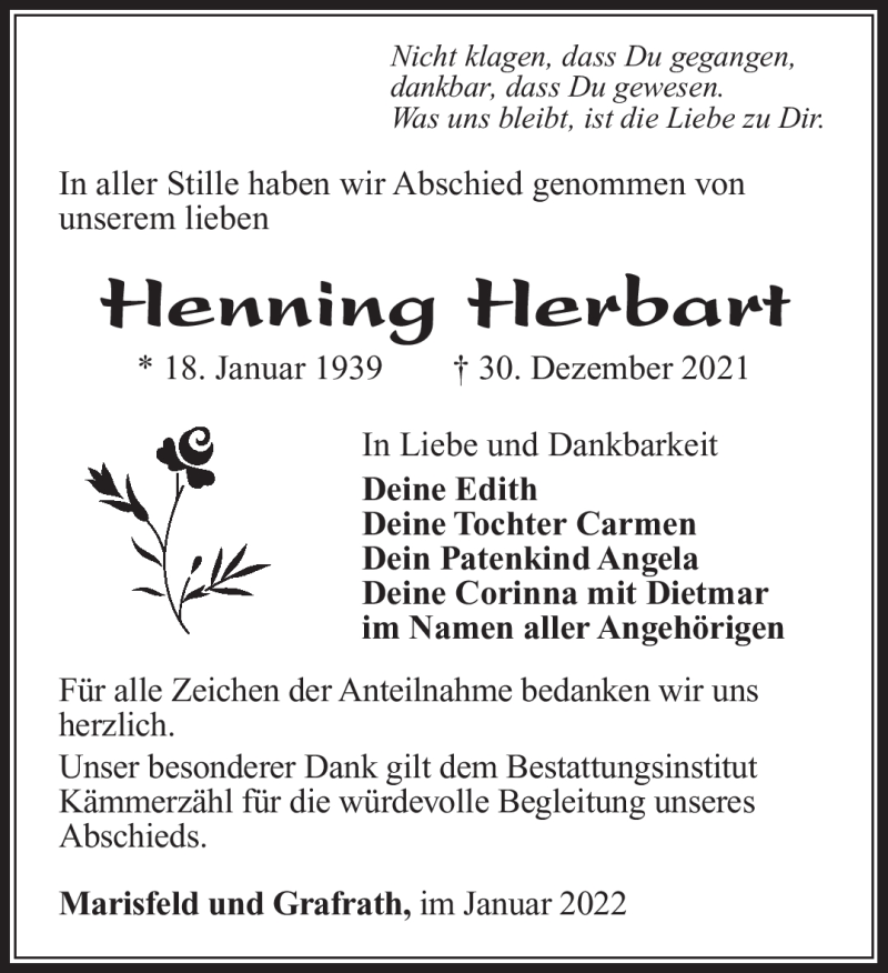  Traueranzeige für Henning Herbart vom 15.01.2022 aus Südthüringer Presse