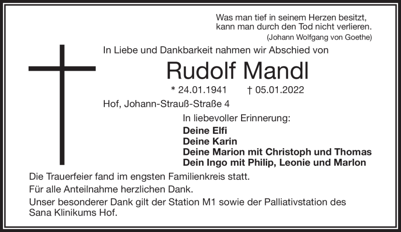  Traueranzeige für Rudolf Mandl vom 15.01.2022 aus Frankenpost
