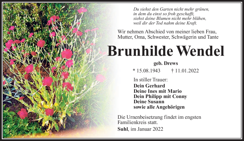  Traueranzeige für Brunhilde Wendel vom 15.01.2022 aus Südthüringer Presse