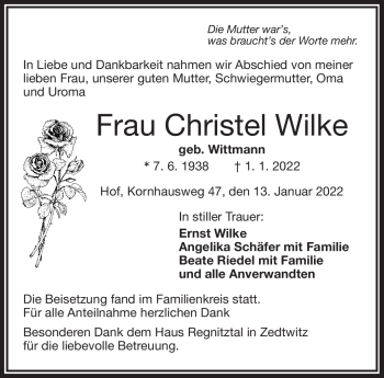 Traueranzeige von Chritel Wilke von Frankenpost
