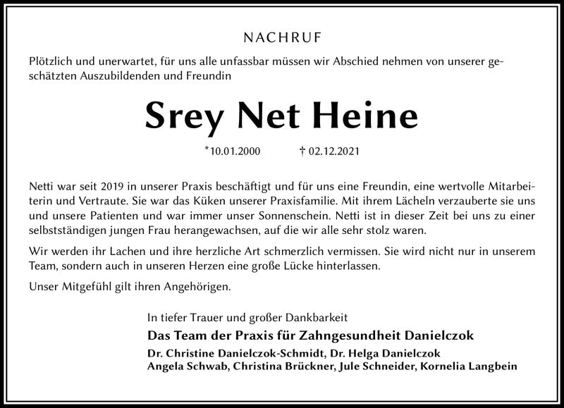  Traueranzeige für Srey Net Heine vom 08.01.2022 aus Südthüringer Presse